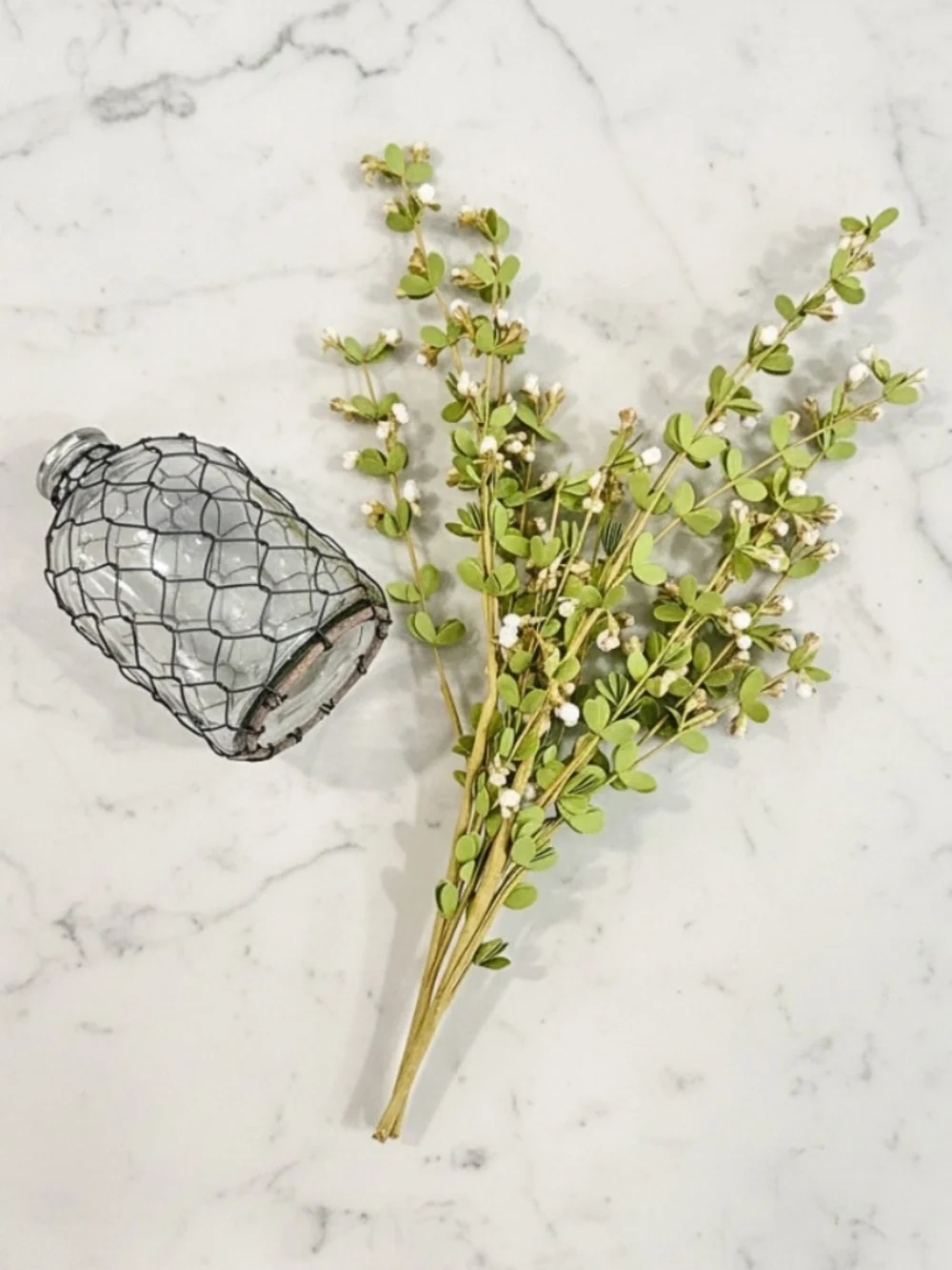 Glass Bottle Vase & Boxwood Floral Stems